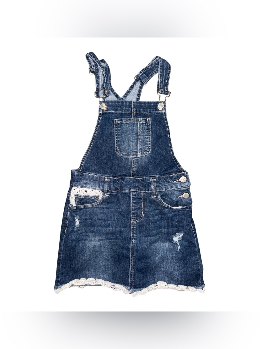 Imperial Star Dark Blue Denim Overall Dress with Lace Trim Jean Jumper Girls 10